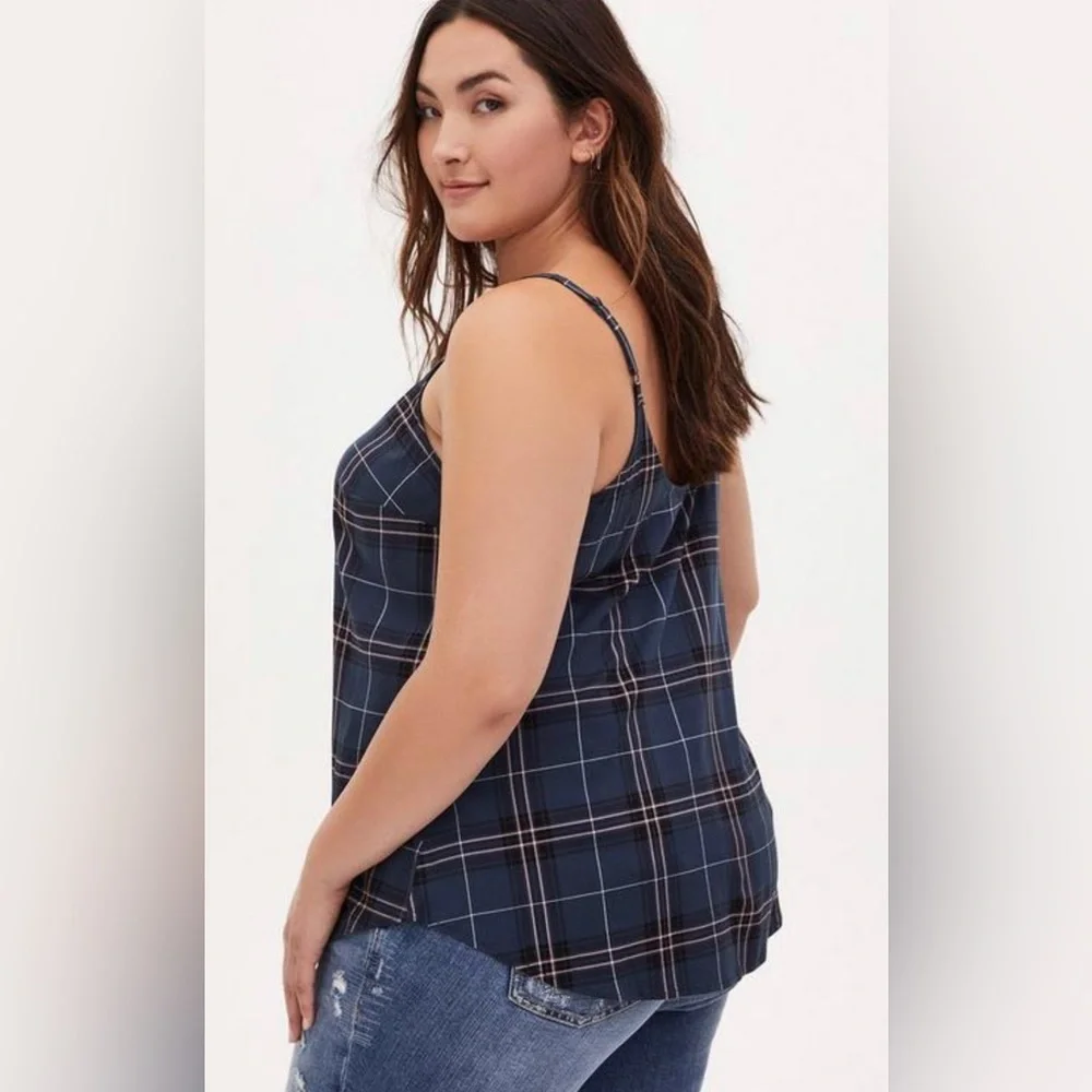 Torrid Ava - Navy Plaid Challis Lace Trim Cami - Picture 2 of 10